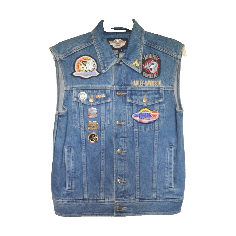 Harley Davidson Embroidered Eagle Denim Vest Biker Patches Tack Pins Men's S